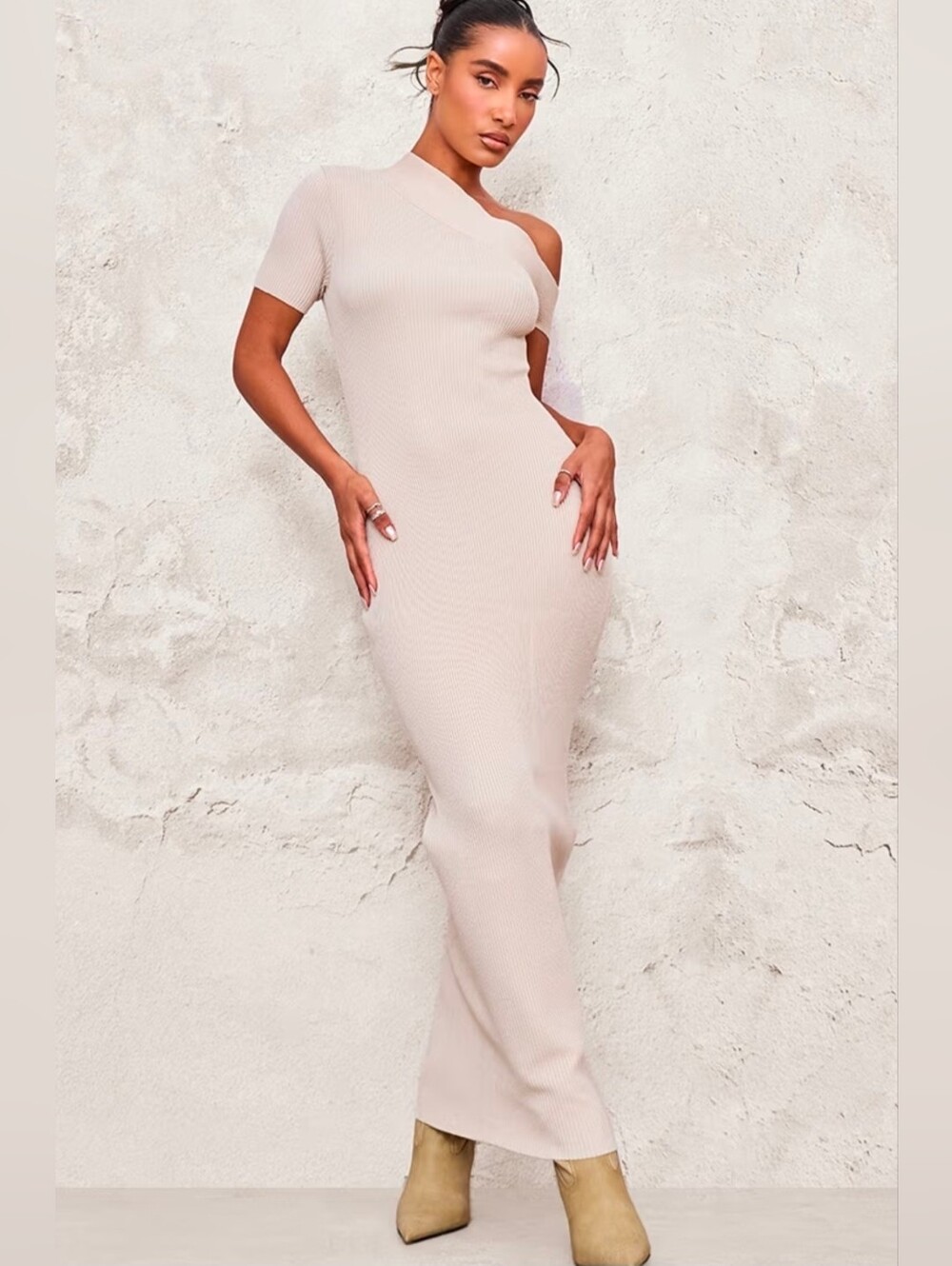 PrettyLittleThing Knit Asymmtric Neck Ruched Side Maxi Dress